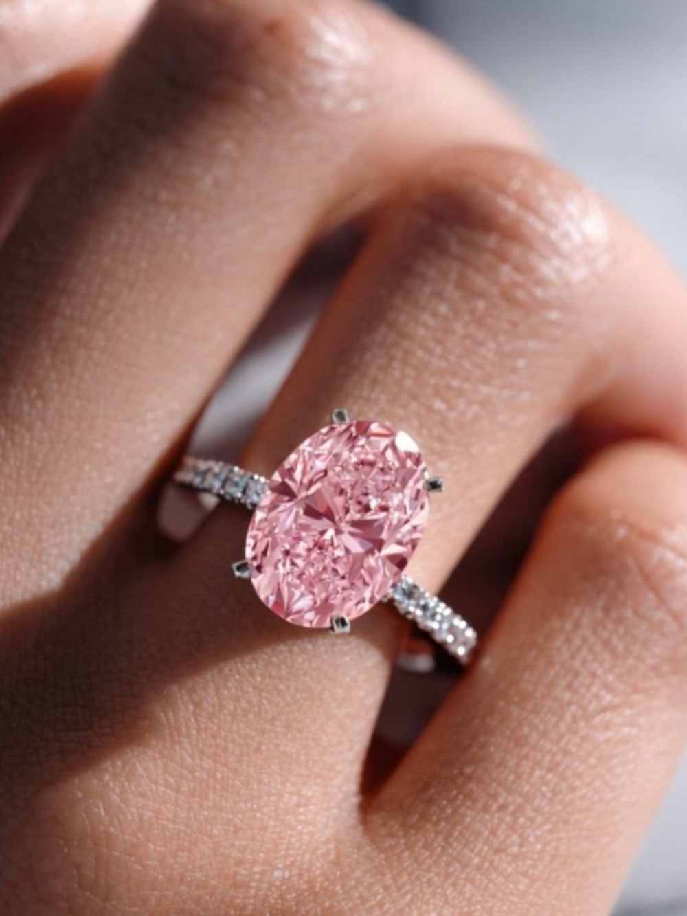 5 Ct Fancy Pink Oval Pave Engagement Ring Silver